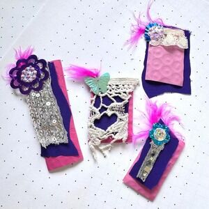 Handmade y2k fairycore scrappy tags set of 4 hot pink feathers sequin, lace